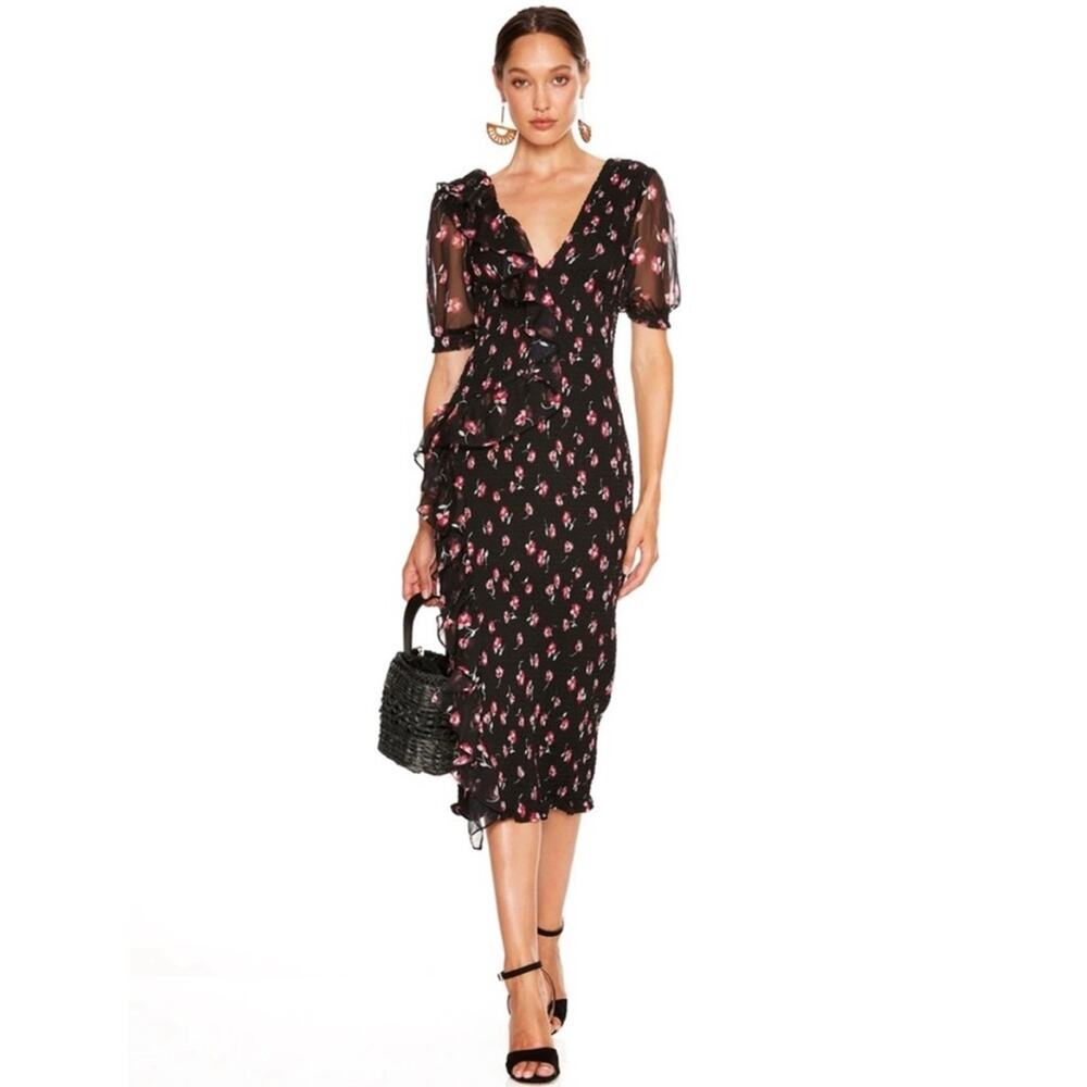 Anthropologie Talulah Smocked Ruffle Midi Dress Black Pink Floral Cocktail Small